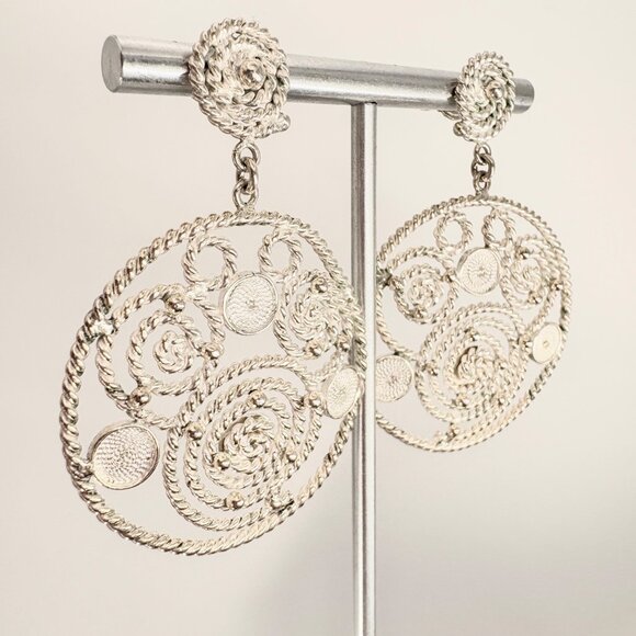 VTG Sterling Silver 925 Filigree Spiral Circle Dangle Earrings Size 2" Length - Picture 2 of 9